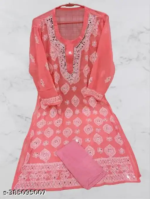 Georgette three-quarter sleeve Chikankari kurti, Indian Lucknowi mirror work fashion - XXS to XXL sizes