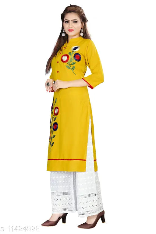 Women's white rayon kurta set with palazzos, embroidered net design. Single size available in XS, S, M, L, XL, XXL, XXXL. Made in India