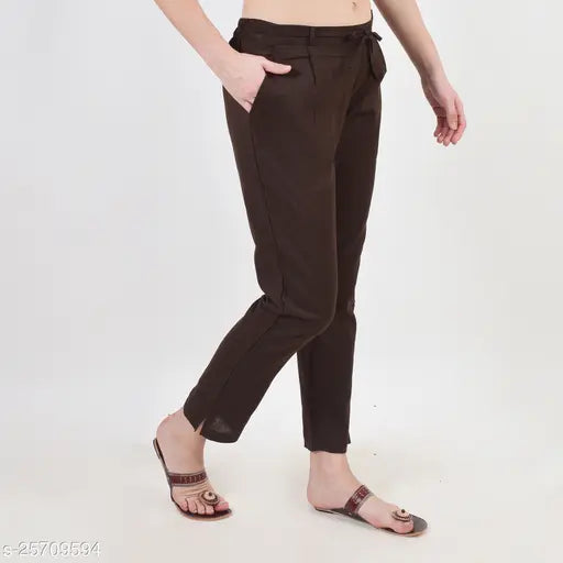 Solid cotton party trousers for women, ankle length, side pockets, comfortable fit - Pistaa collection, India