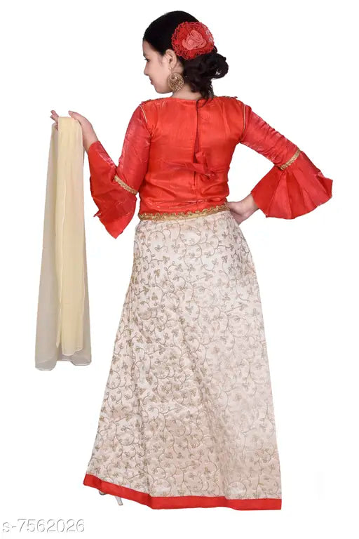 Red silk blend ethnic lehenga choli set for girls, long-sleeved embellished top and embroidered lehenga with net dupatta on display. (3-4 years: Lehenga waist size 24in, Lehenga length 23in, Duppatta length 1.5in; 4-5 years: Lehenga waist size 26m, Lehenga length 25m, Duppatta length 1.5m) Indian origin