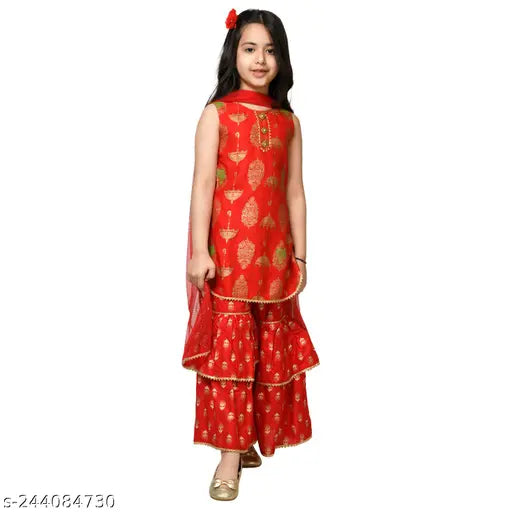Red rayon Sharara set with C-cut, trending printed net design for girls aged 2-8 years, from H.L Garments, India
