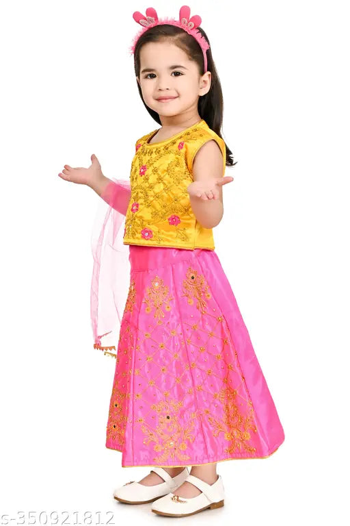 Embroidered cotton lehenga with net dupatta in solid color, stitched net detail, for toddlers aged 1-2 years, Indian traditional outfit