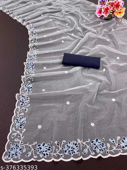 Beautiful super net floral embroidery work sari with separate Bangalore silk blouse piece, traditional Indian wedding attire