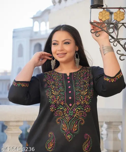 Black cotton kurta set with printed net dupatta and pants by Yash Gallery, size XXL or XXXL