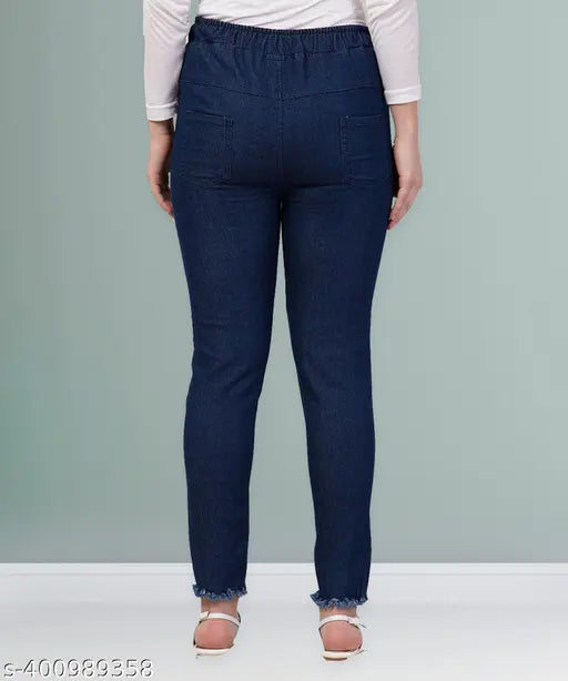 High-waisted, stretchable premium denim dark blue jogger jeans for women, baggy fit with tie-ups. Made in India