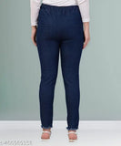 High-waisted, stretchable premium denim dark blue jogger jeans for women, baggy fit with tie-ups. Made in India
