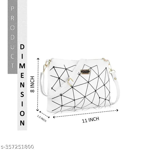 Women's white and black geometric design PU sling bag for college and office use. Adjustable sling belt, spacious compartment, multi-utility pockets, and a zipper closure. Elegant and affordable cross-body bag with easy cleaning instructions. Made in India