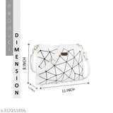 Women's white and black geometric design PU sling bag for college and office use. Adjustable sling belt, spacious compartment, multi-utility pockets, and a zipper closure. Elegant and affordable cross-body bag with easy cleaning instructions. Made in India