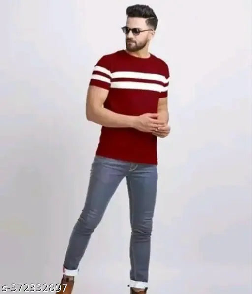 Striped polyester half-sleeve men's t-shirt, short sleeves, size M for a chest of 38 inches and length of 28 inches