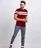Striped polyester half-sleeve men's t-shirt, short sleeves, size M for a chest of 38 inches and length of 28 inches