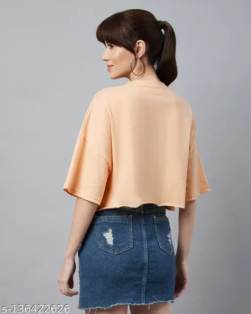 Light orange typographic oversized crop t-shirt by Chimpaaanzee, cotton fabric, short sleeves