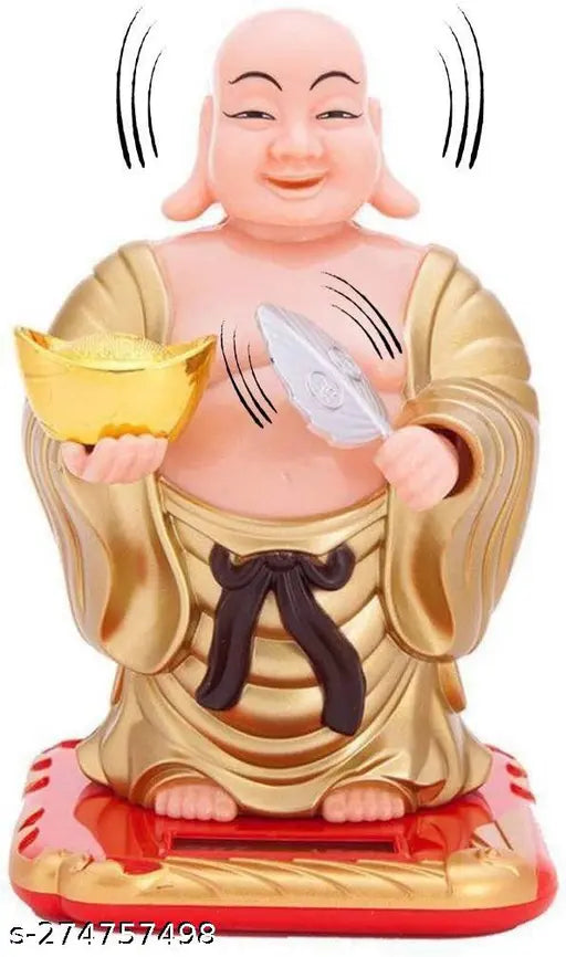 Golden plastic Laughing Buddha with waving fan, moving head for health, wealth & prosperity (10cm)