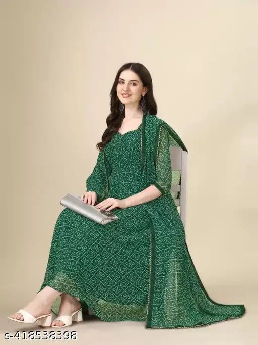 Georgette printed net long-sleeved women's dress, classic fashionista style from India (Size L/XL/XXL)