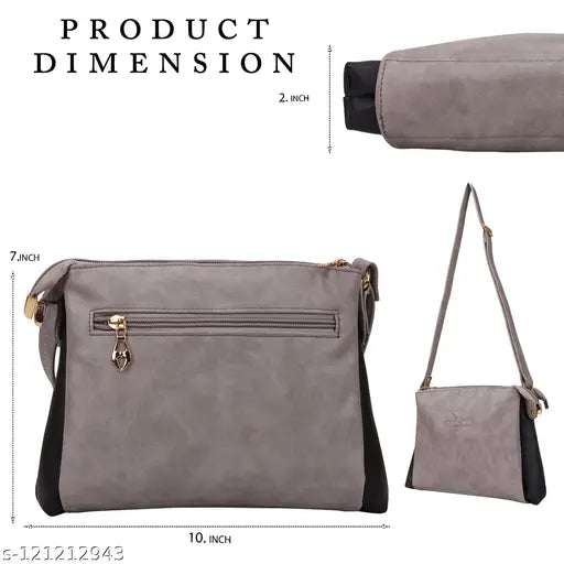 Grey fabric sling bag, 3 compartments, self-design pattern, free size (10in x 2in x 7in), Indian origin