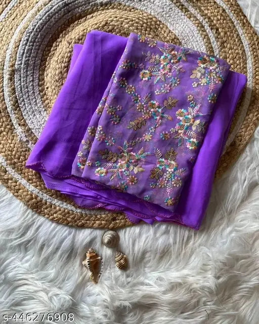 Embellished Georgette Aari Work Saree with Sequin Blouse, Indian specialty in free size (5.5m saree, 0.8m blouse)