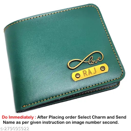 Dark green faux leather personalized name wallet for men with charms, ideal for birthday or anniversary gifts