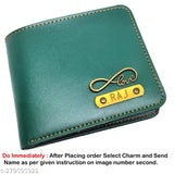 Dark green faux leather personalized name wallet for men with charms, ideal for birthday or anniversary gifts