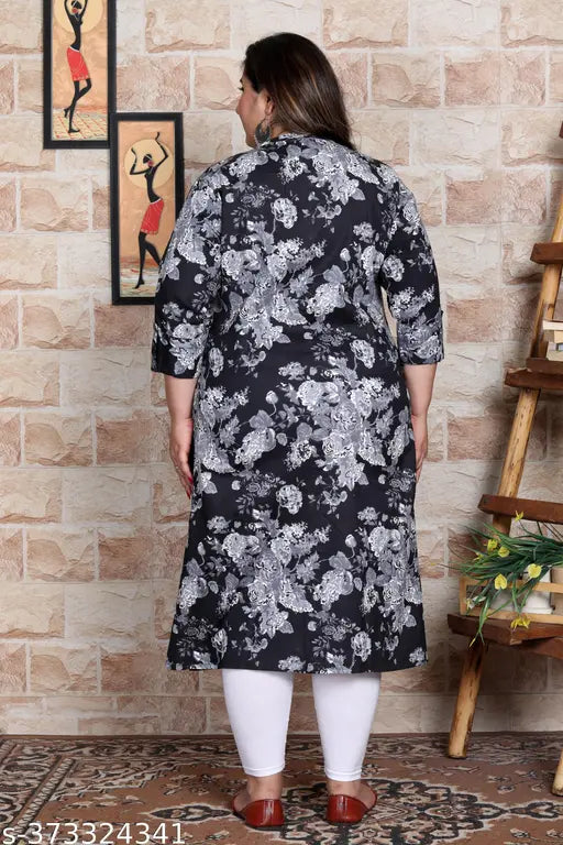 Black plus size floral print cotton A-line kurta, three-quarter sleeves for women, Avnii brand