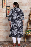Black plus size floral print cotton A-line kurta, three-quarter sleeves for women, Avnii brand