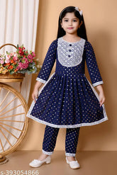Blue, Red, Purple multi-color cotton party wear frock & dresses combo for kids (sizes: 1-2, 2-3, 3-4, 4-5, 5-6, 6-7, 7-8 years). A-line top with three-quarter sleeves and pyjama bottom design