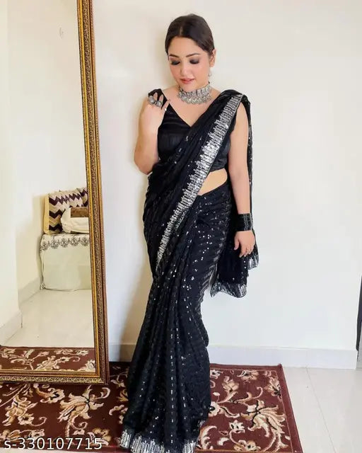 Designer sequin saree with embroidered net blouse, solid pattern on Georgette fabric, India origin