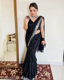 Designer sequin saree with embroidered net blouse, solid pattern on Georgette fabric, India origin