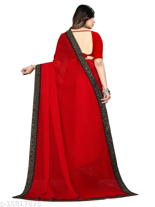 Red georgette Rovilo Fashion party saree with zari woven blouse, ideal for weddings or special events