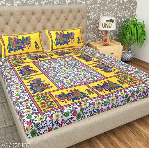 Yellow Gangor Jaipuri Print Cotton Double Bed Sheet & Pillow Covers - Soft, Traditional Indian Design