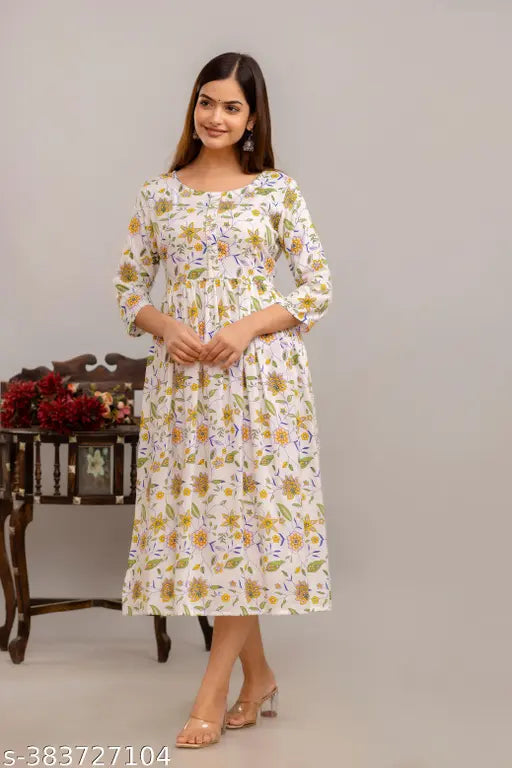 Rayon floral Prociom printed Anarkali kurtis, three-quarter sleeves, trendy Indian fashion