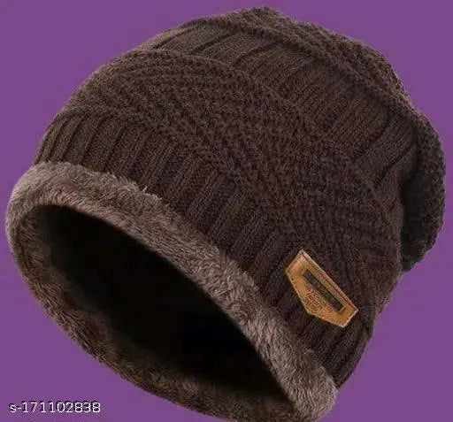 Brown embroidered beanie cap (Arcylic, KANEEKSHI, India)