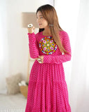 Georgette Laheriya print flair anarkali gown, fully stitched and ready to wear for Diwali, Holi, Dussehra, Navratri, Durga Puja, Krishna Janmashtami, ganesha Chaturthi, Gurpuranima, Raksha Bandhan, Eid-Ul-FitrBihuHemis, Onam Pongal. Indian hand embroidery with yoke fancy gamthi work, full churidar sleeves, back dori pattern, padded, side zipper, four layer gathering. Available in XS to XXL sizes