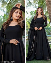 Black georgette dress gown, long sleeves, solid net, Indian-made formal wear on mannequin