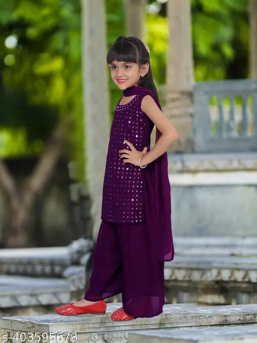 Georgette A-line party kurta pyjama set with dupatta, embellished & embroidered for festive girls, 2-16 years, India origin