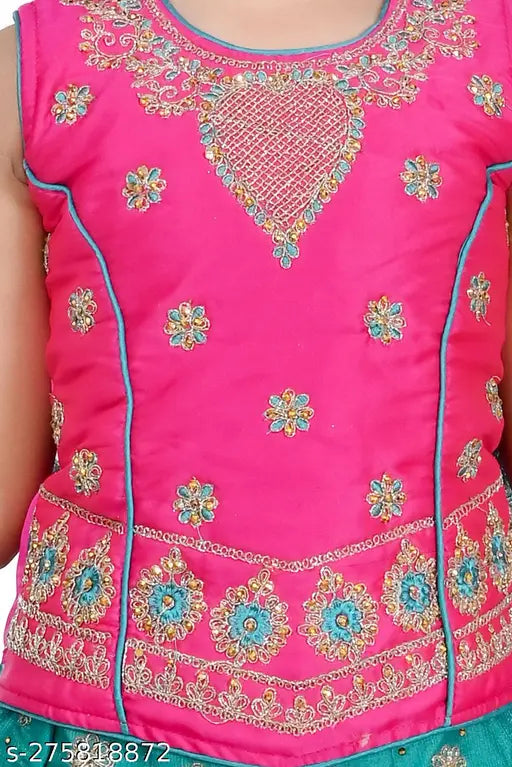 Sleeveless kids' polyester Lehenga Cholis with embroidered patterns, ideal for special occasions like festivals, birthdays, or evening parties. Traditional Indian ethnic wear." (105 characters)