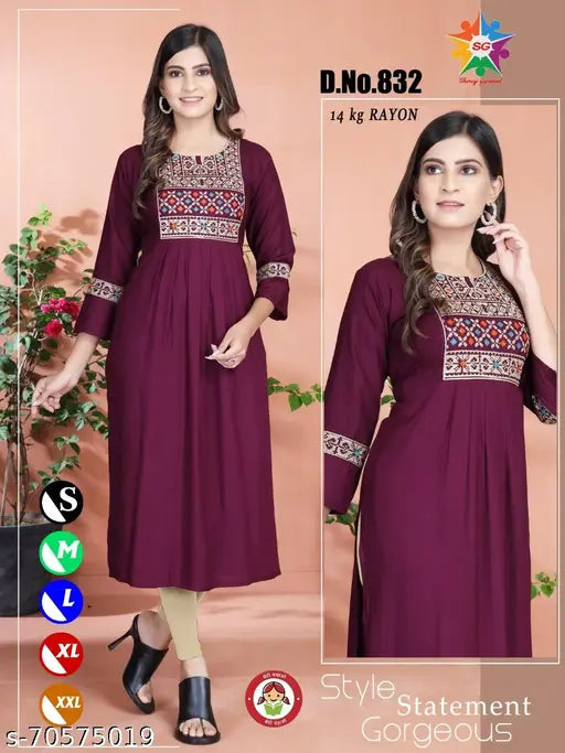 Rayon Nayra Cut Kurta, solid design for stylish women's casual or office wear. Hand wash only, India origin