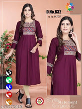 Rayon nayra cut kurti for stylish women, solid-colored, three-quarter sleeves. Ideal for office or casual wear, perfect gift for festivals, birthdays, or special occasions. Hand wash separately in cold water, low temp. Indian rayon embroidery kurta set