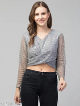 Embellished net knot-style tinsel bling top, long sleeves, sequin work, women's/girls party wear, India-made