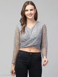 Embellished net knot-style tinsel bling top, long sleeves, sequin work, women's/girls party wear, India-made