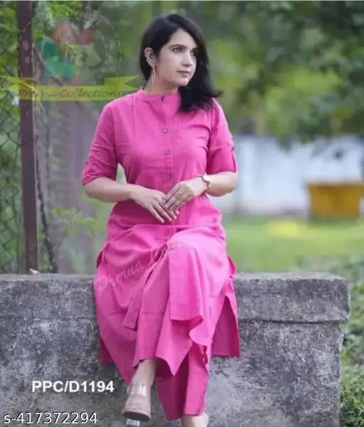 Trending cotton printed net co-ord kurta & palazzo set for women, one side pocket, three-quarter sleeves, summer wear from India