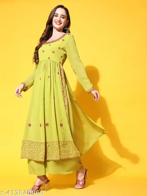 Embroidered Georgette Kurta Sharara Set, Indian Aari work on A-line kurta with round neck and full sleeves, ankle-length sharara with elasticated waistband