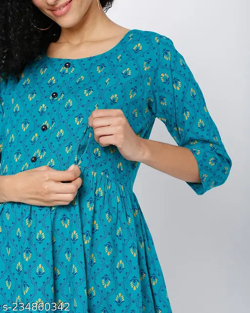 Rayon feeding kurti and pyjama set, floral print maternity wear for women, convenient V-neck top with short sleeves and hidden zip closures
