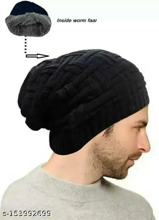 Trending woolen beanie cap, soft and cozy, contrast fur inside, fits both men's and women's styles, India origin