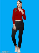 Red polyester solid fitted tunics by Dream Beauty Fashion, long sleeves, collared V-neck, regular length (20 inch)