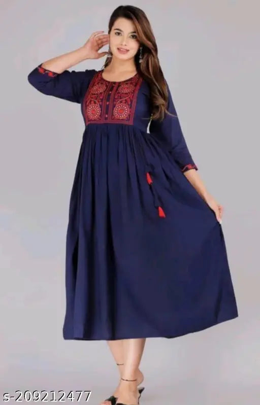 Navy Blue Rayon Embroidered Anarkali Kurti for Women/Girls - Classic, trendy, comfortable Indian clothing