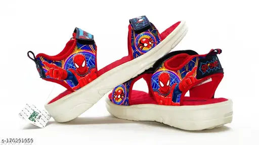 Red patent leather Spiderman kids sandals for adventurous young heroes, featuring a spectacular spider web design and Velcro fastening