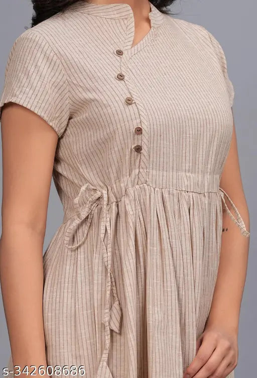Beige cotton striped anarkali dress, three-quarter sleeves, machine washable, India origin