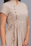 Beige cotton striped anarkali dress, three-quarter sleeves, machine washable, India origin