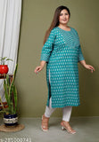 Blue plus size floral print cotton kurta with three-quarter sleeves, Avnii women's fashion on mannequin