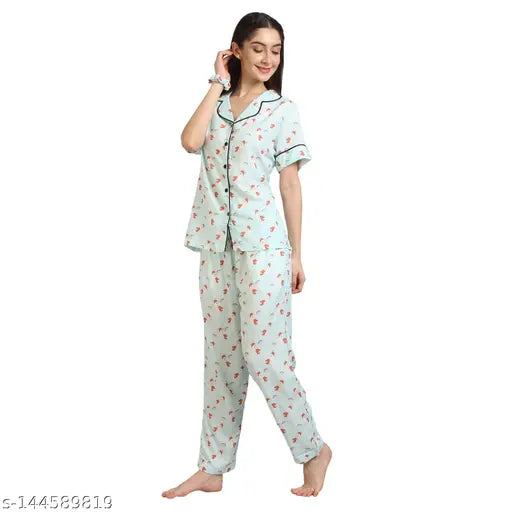Rayon printed nightsuit, front open cotton nightwear for summer. Ladies shirt pajama set with short sleeves and soft elastic waistband. Indian-made, perfect for comfortable nights