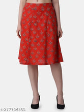 Red flared cotton skirt with Bagru ethnic motif print, suitable for parties and events